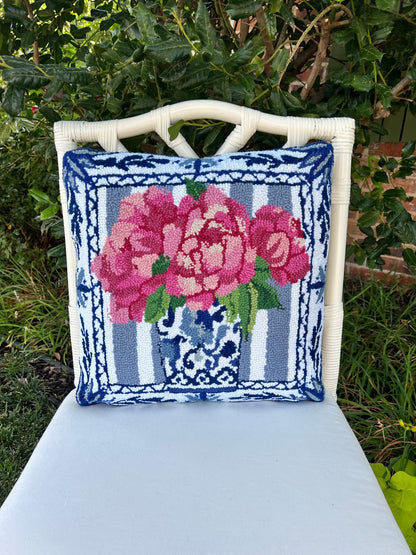 Chinoiserie and pink peonies on blue stripes pillow