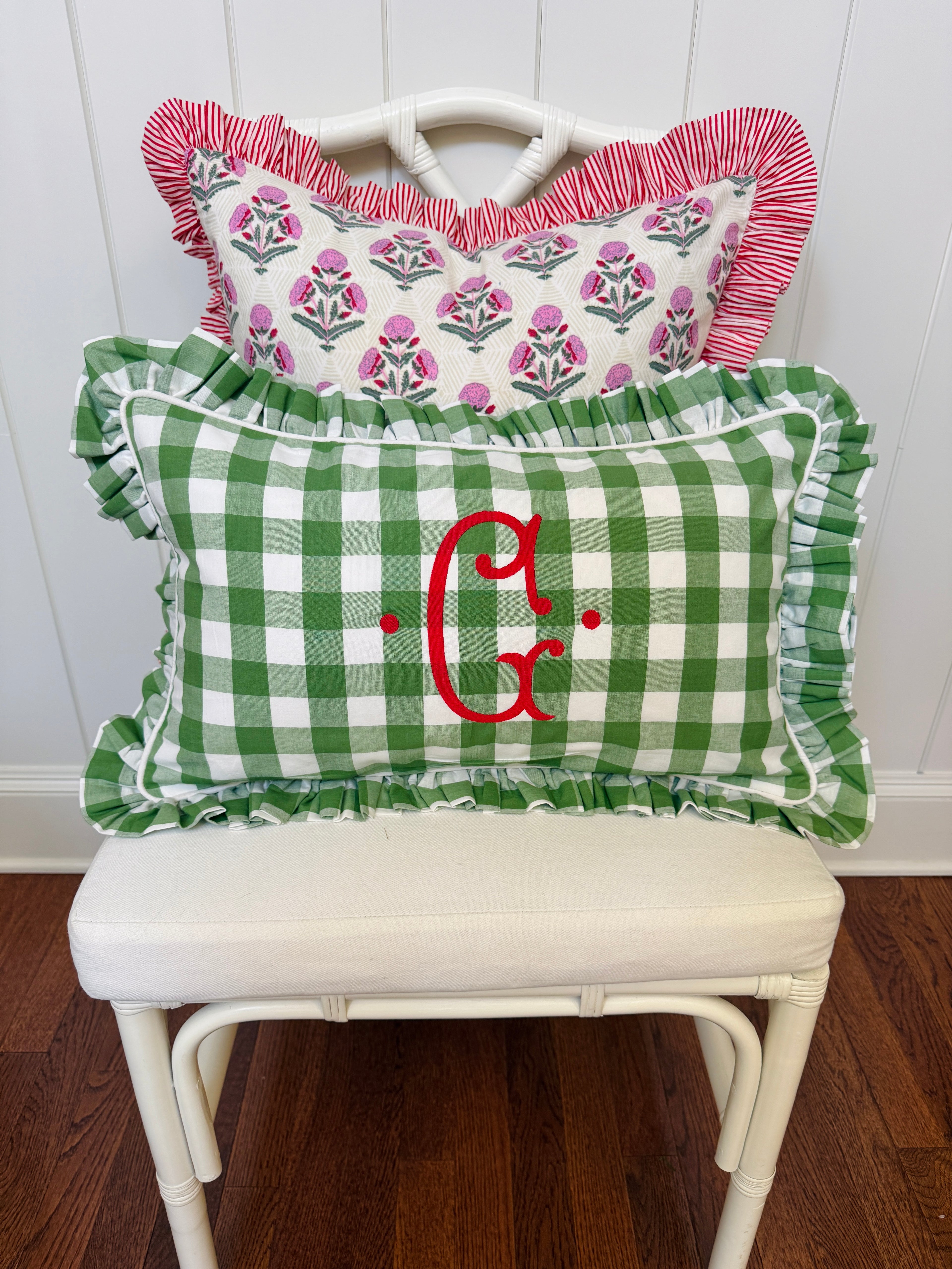 Fern green check pillow cover with ruffle trim, monogram available