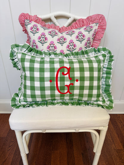 Fern green check pillow cover with ruffle trim, monogram available