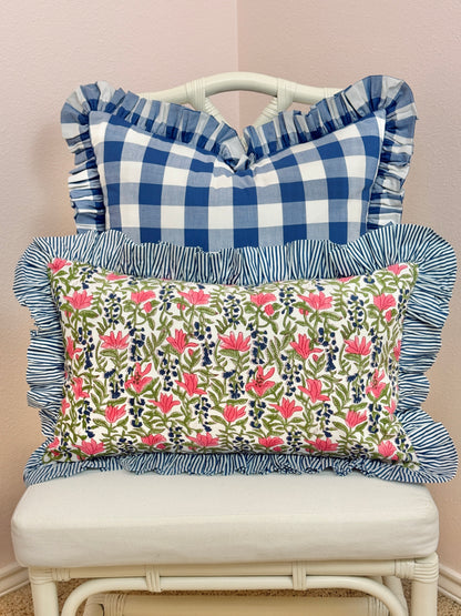 Blue buffalo check ruffle pillow cover