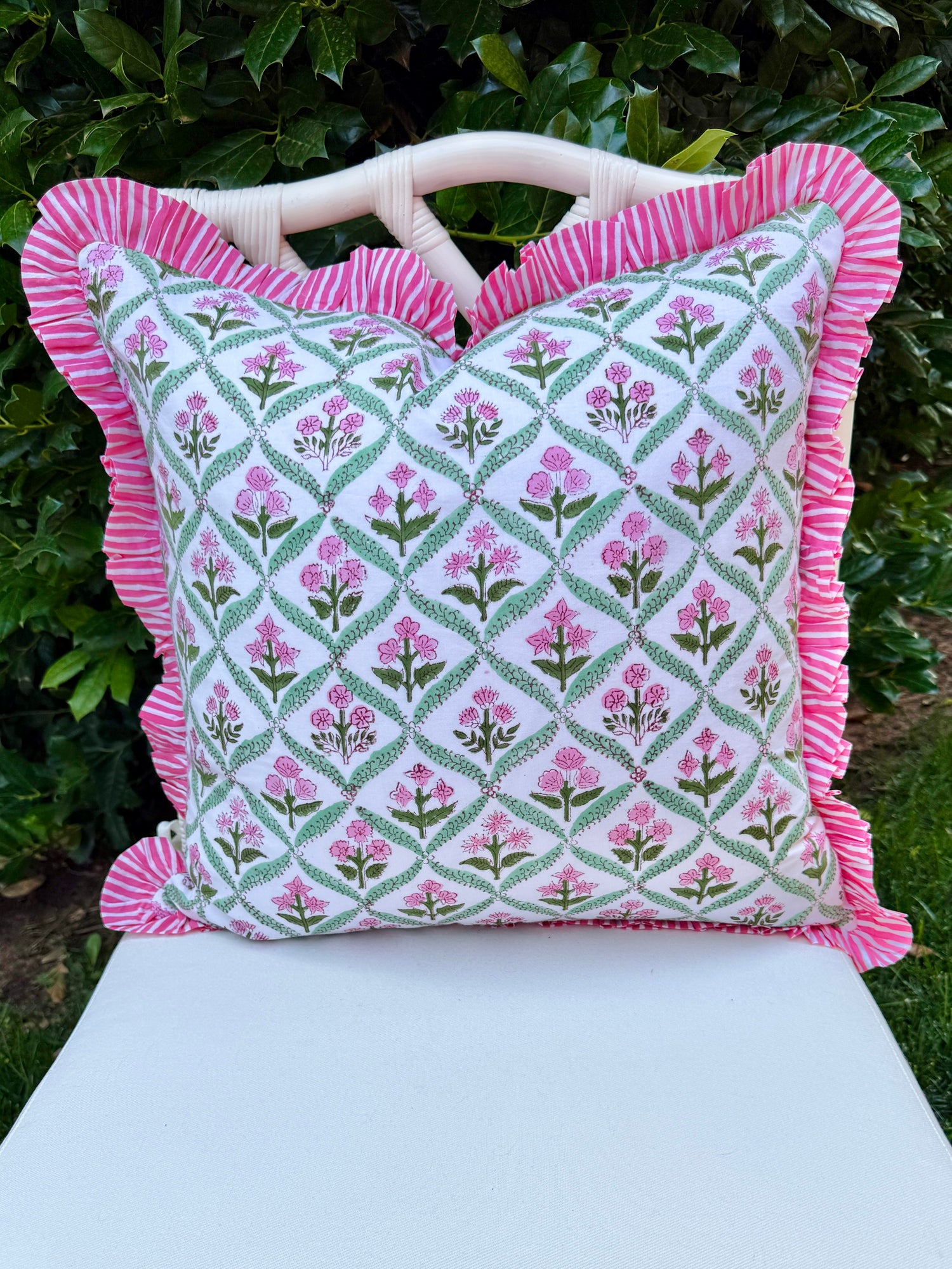 Hot pink and green floral trellis block print bedding collection
