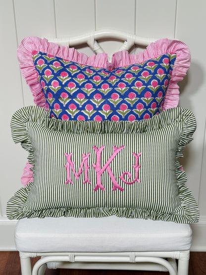 Violet and pink block print floral pillow cover, monogram available