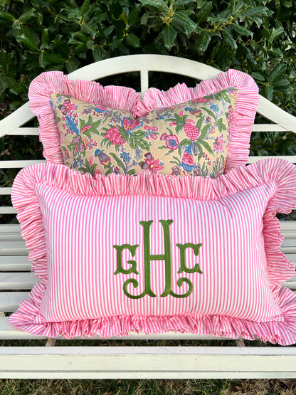 Pink striped ruffle pillow cover