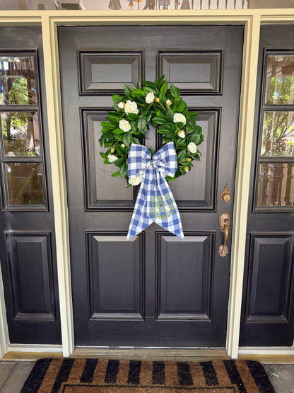 Blue buffalo check wreath sash standard size monogram available