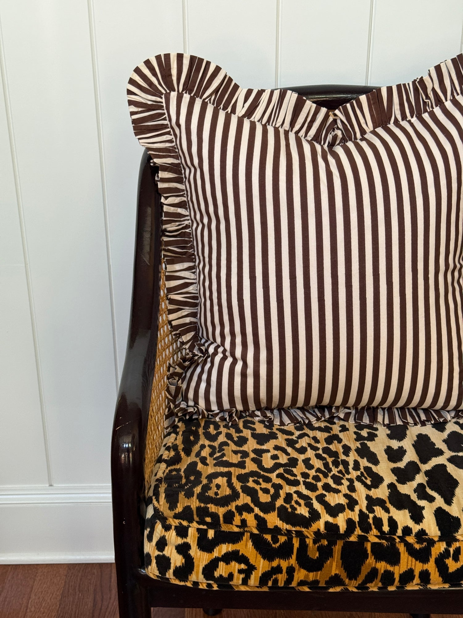 Brown and cream striped ruffle pillow cover, two sizes