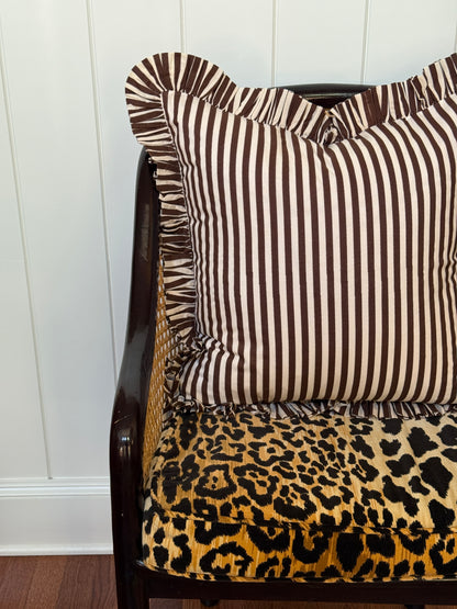Brown and cream striped ruffle pillow cover, two sizes