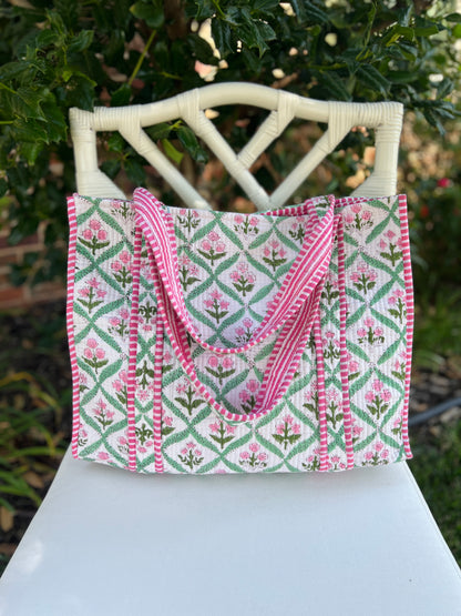 Pink and green quilted block print tote bag monogram available