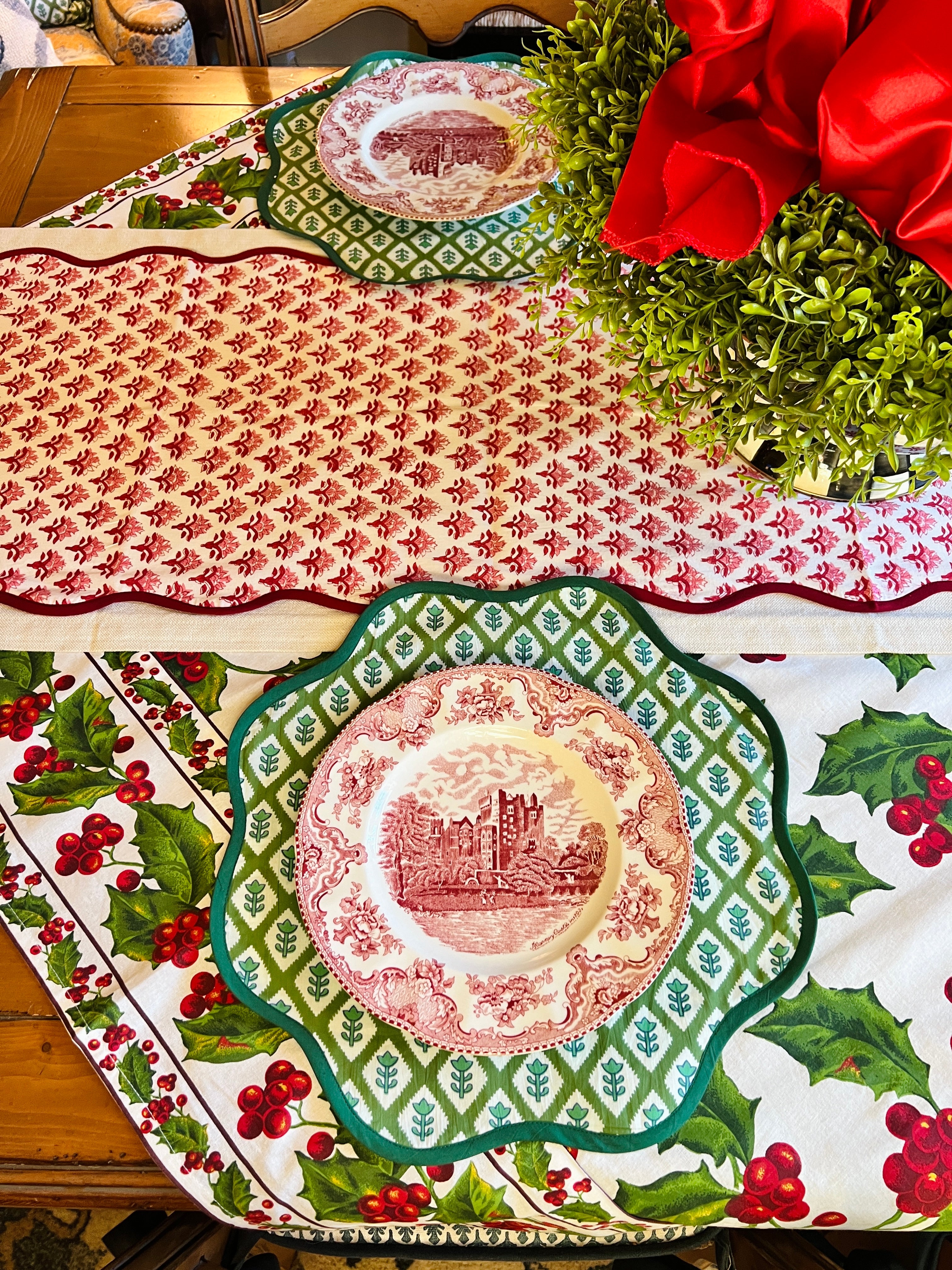 Red block print scalloped table runner with contrast piping