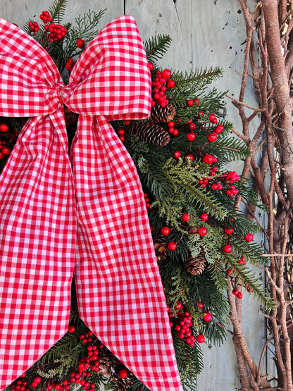 Red and white gingham wreath bow sash custom monogram available