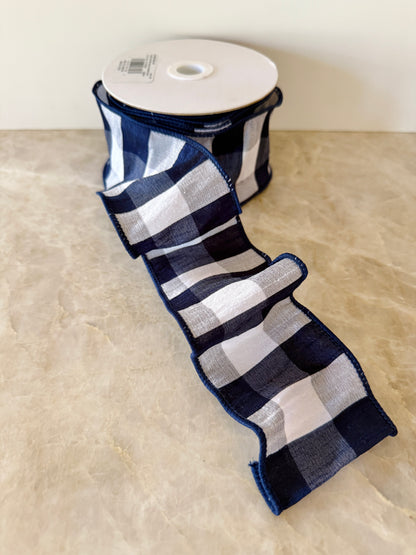 Navy dupioni check ribbon by the roll 2.5” x 10 yards