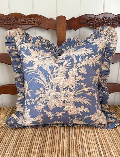 Blue floral toile pillow cover with ruffle trim