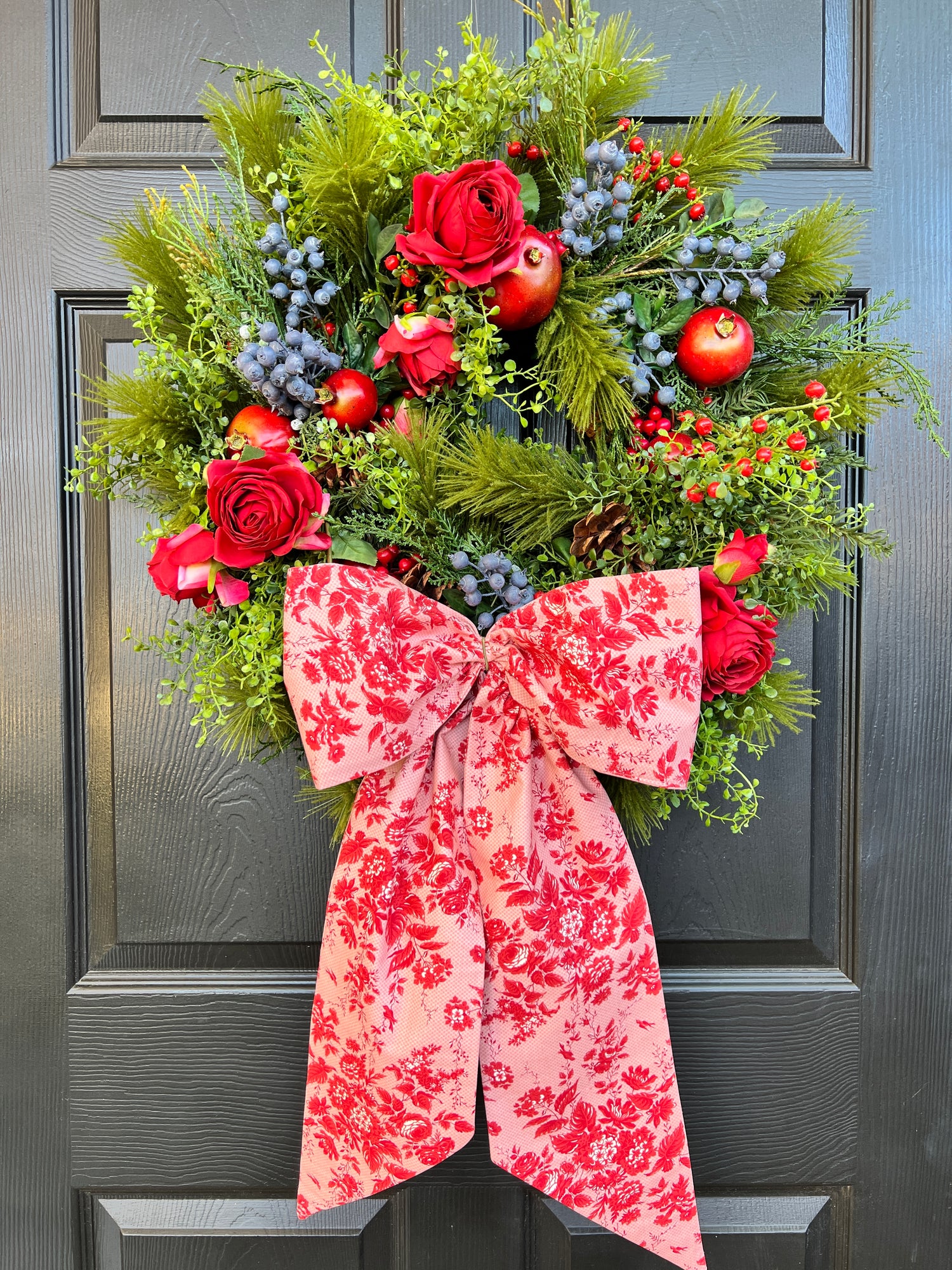 Red and pink floral toile wreath sash