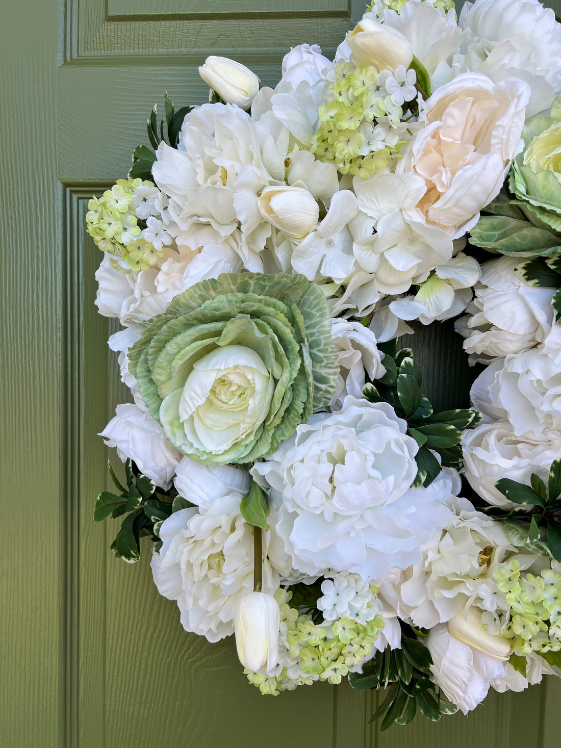 White floral and green cabbage wreath 22”