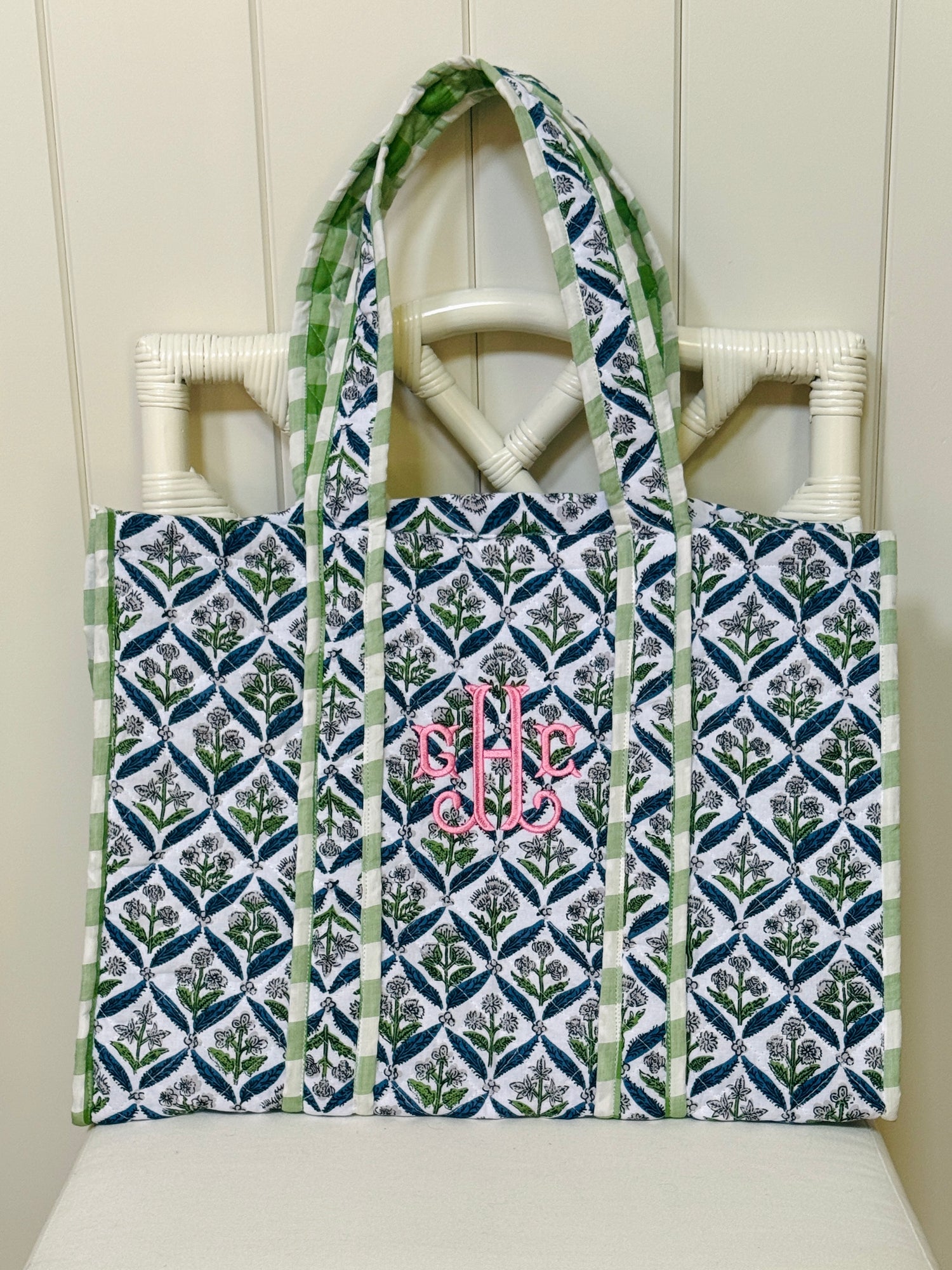 Blue and green quilted block print oversized tote bag monogram available