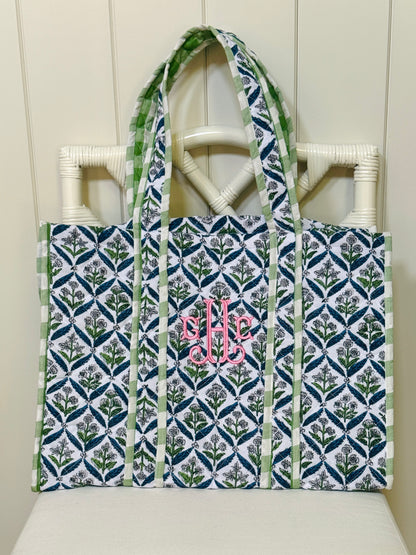 Blue and green quilted block print oversized tote bag monogram available