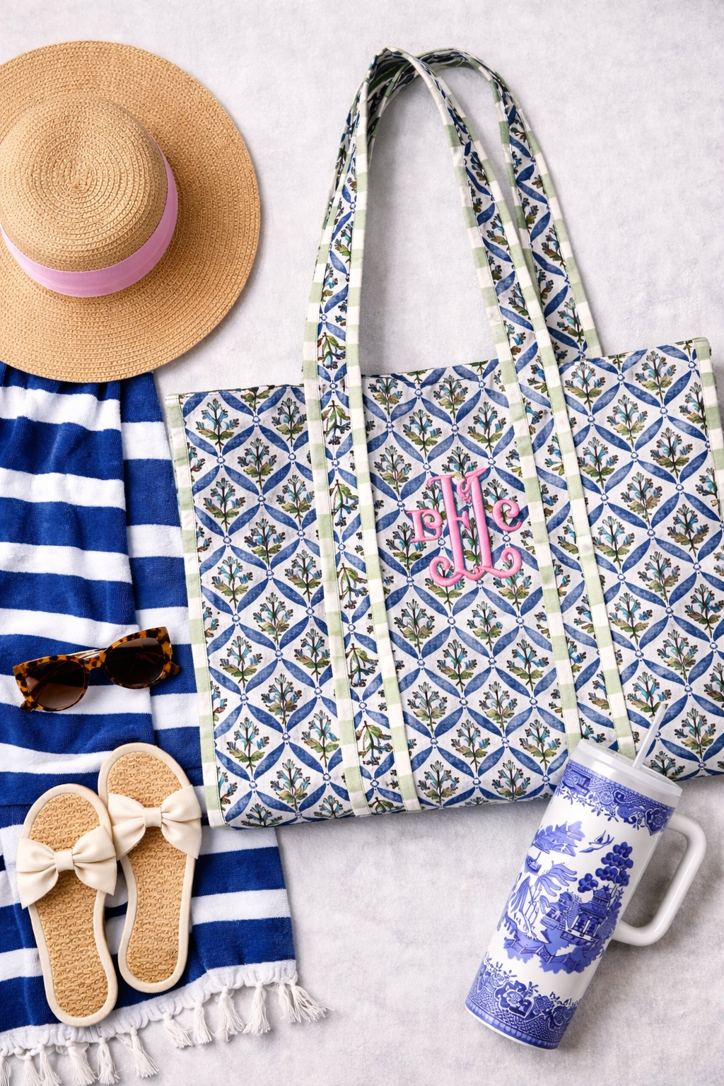 Blue and green quilted block print oversized tote bag monogram available
