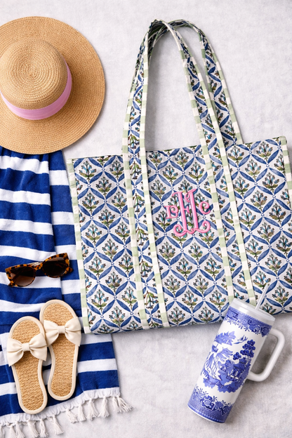 Blue and green quilted block print oversized tote bag monogram available