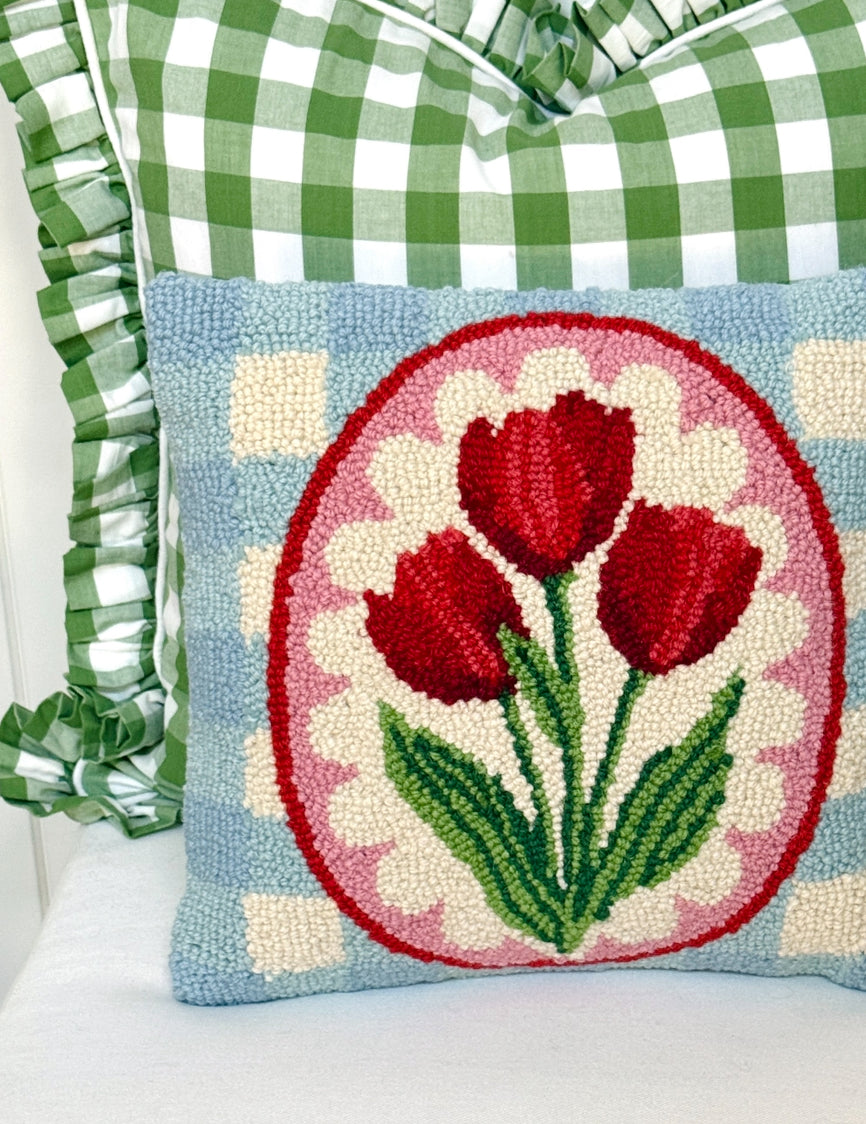 Red tulips and gingham hand hooked pillow