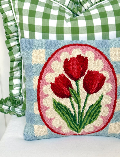 Red tulips and gingham hand hooked pillow