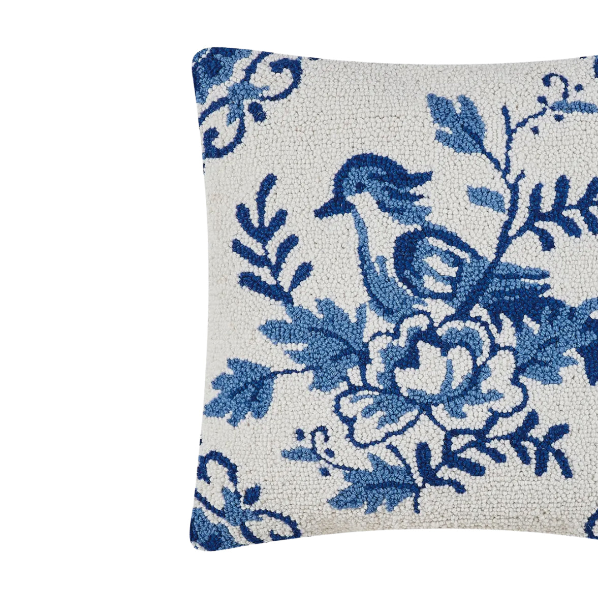 Hand hooked blue and white bird pillow