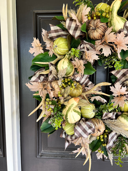 Pumpkin, gourd, and antler Fall wreath