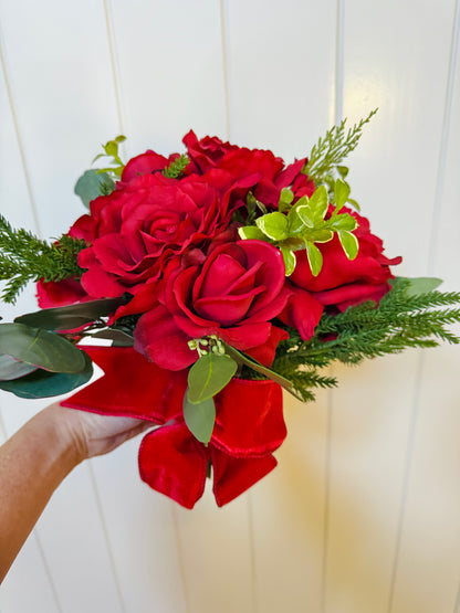 Red roses and cedar faux floral drop-in bouquet
