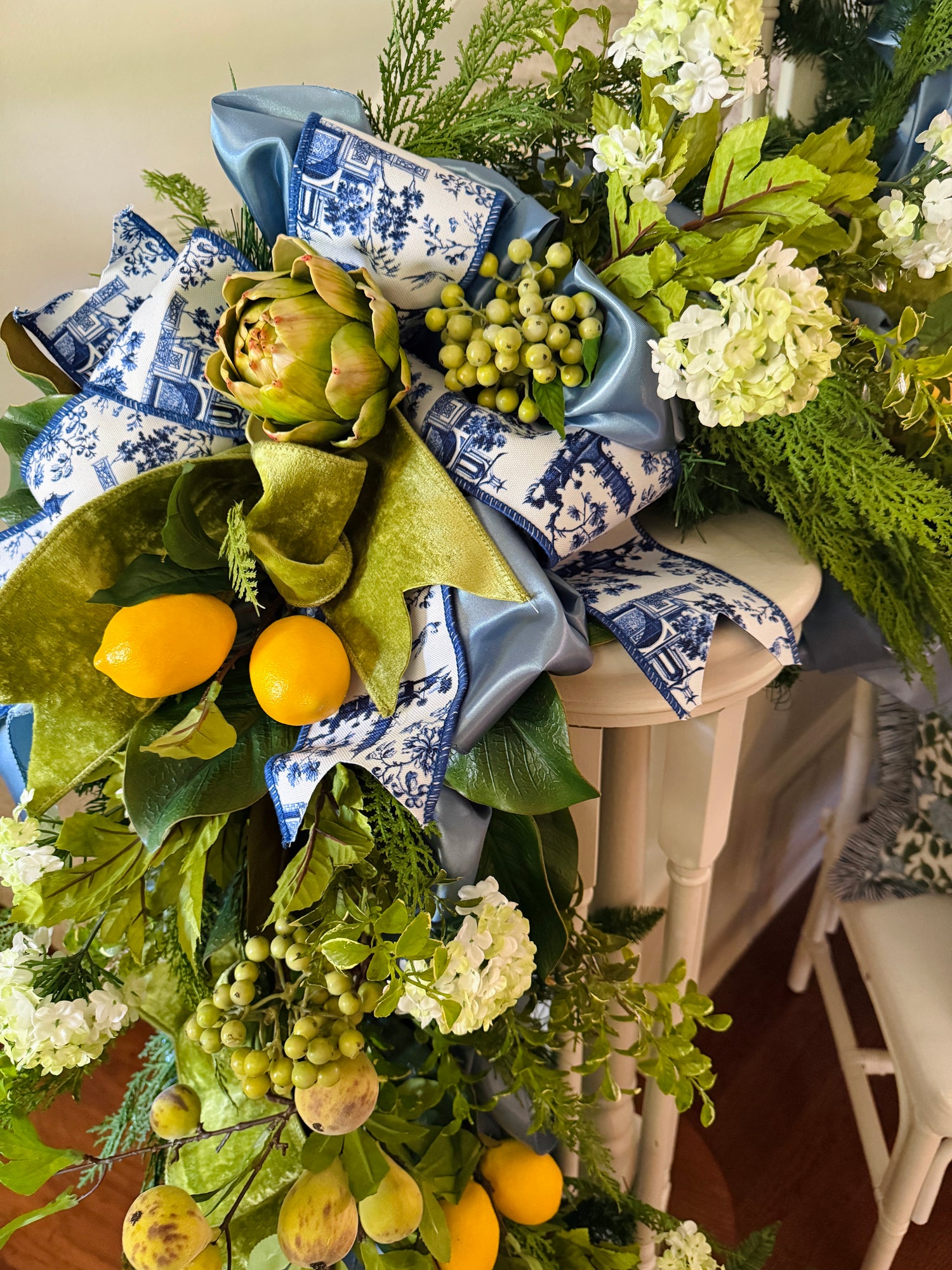 Blue and white chinoiserie ribbon by the roll, 4” wide by 5 yards