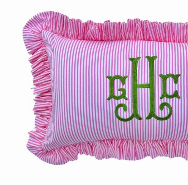 Pink striped ruffle pillow cover