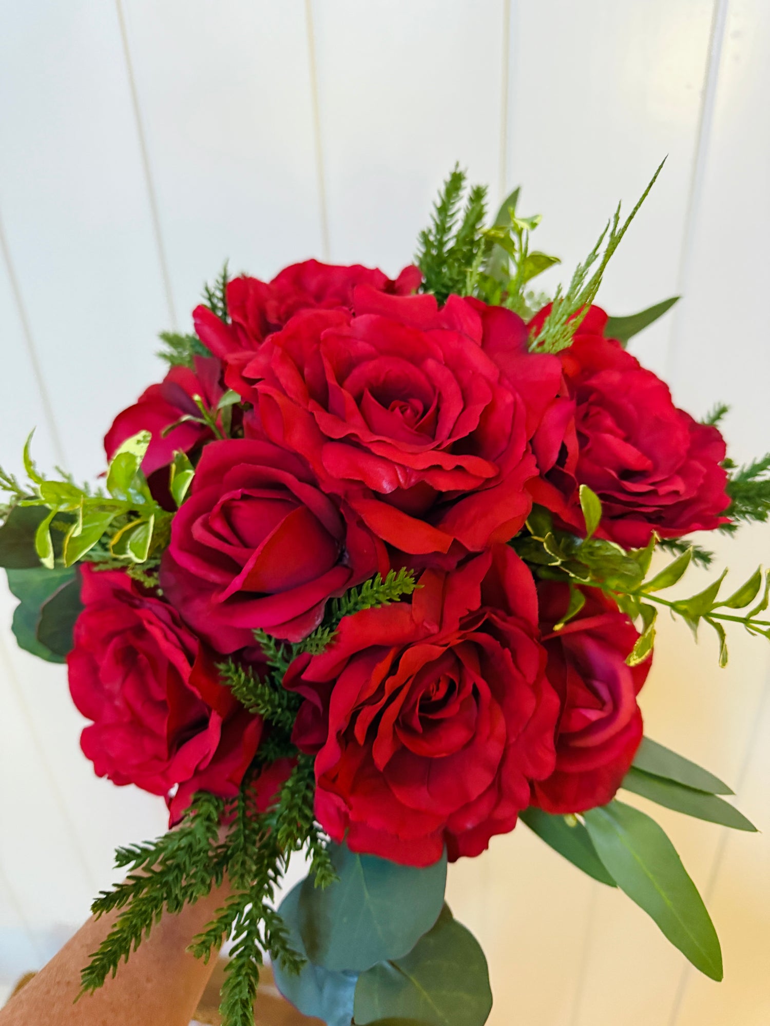 Red roses and cedar faux floral drop-in bouquet
