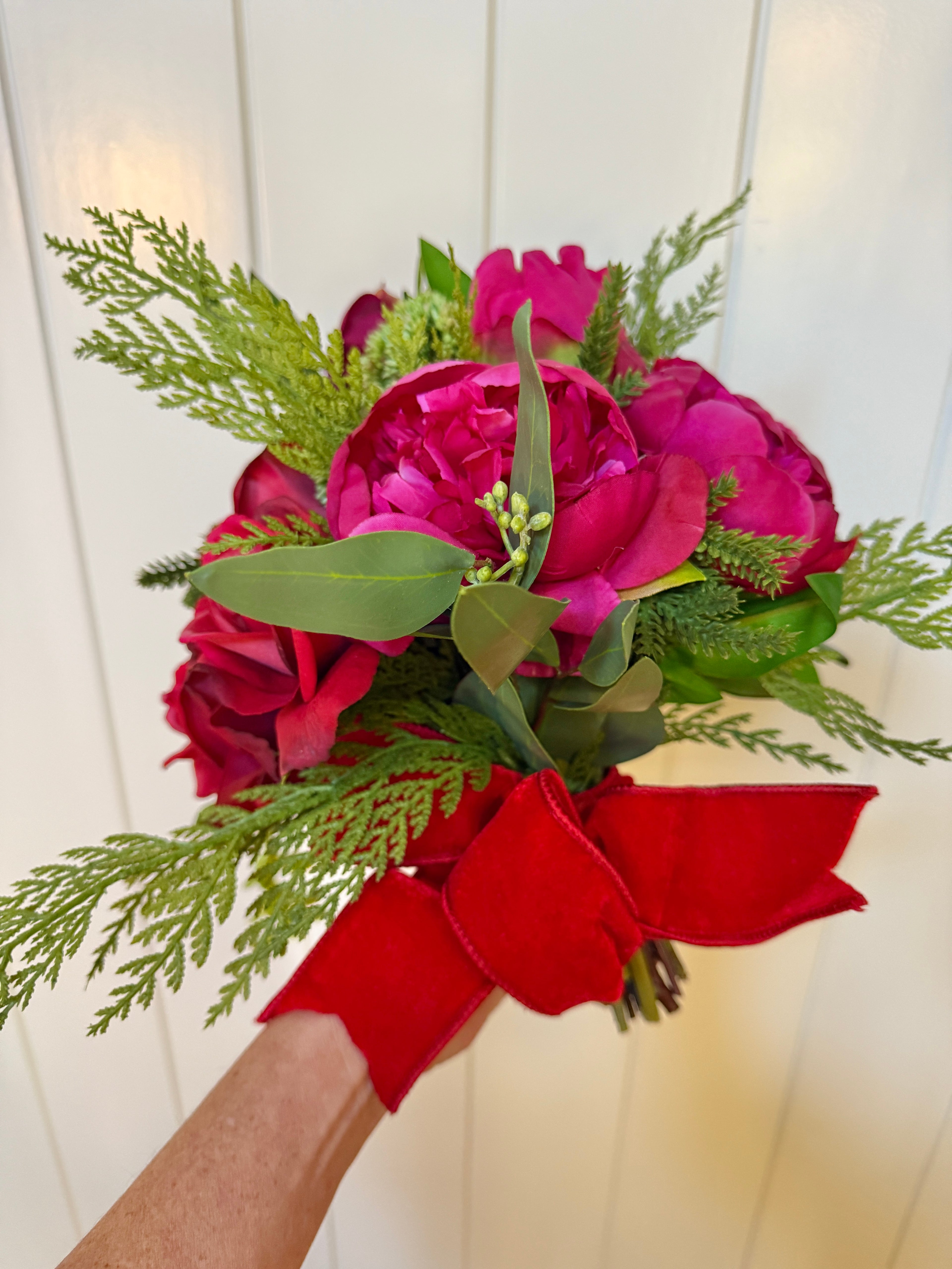 Fuchsia, magenta, and red winter faux floral drop-in bouquet