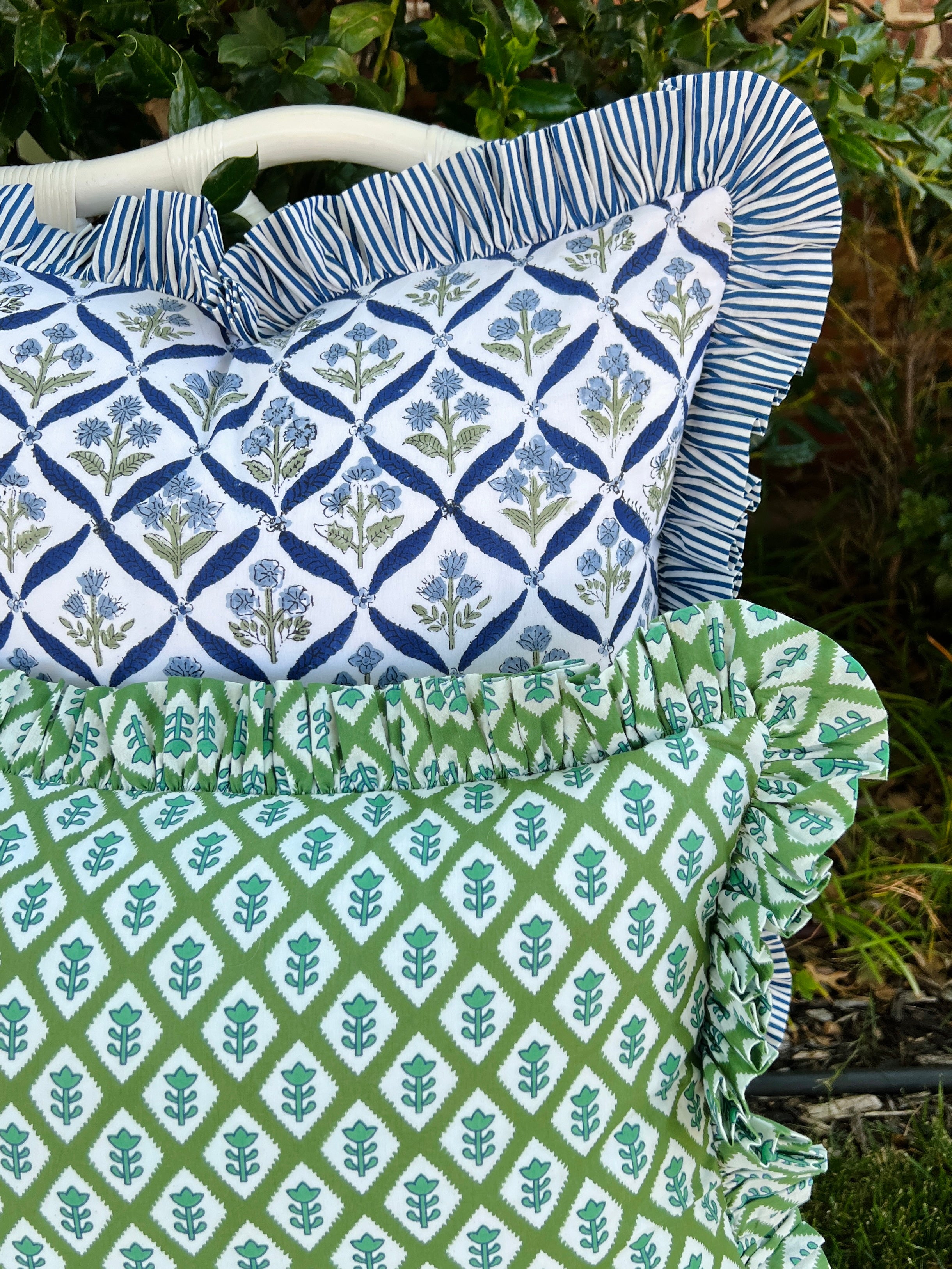 Blue and green floral trellis pillow cover, monogram available