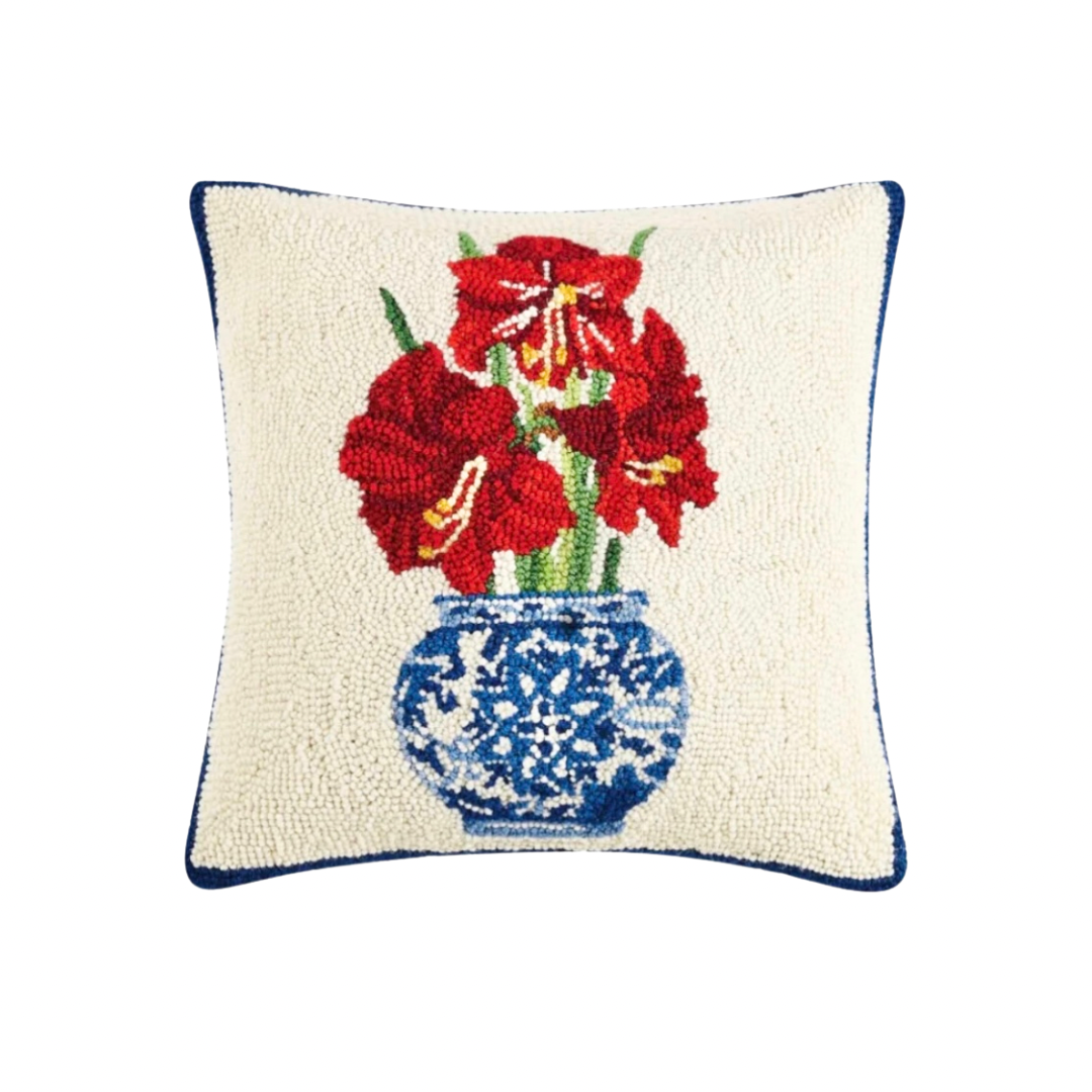 Holiday chinoiserie potted amaryllis hooked wool pillow