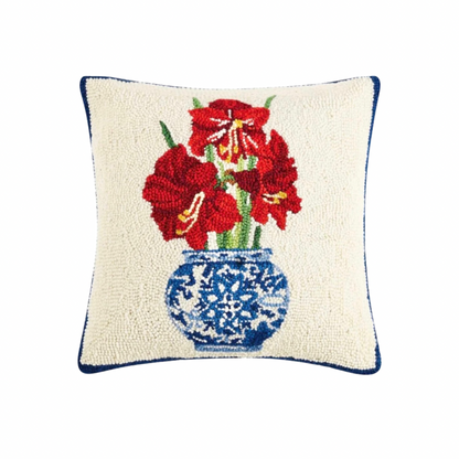 Holiday chinoiserie potted amaryllis hooked wool pillow