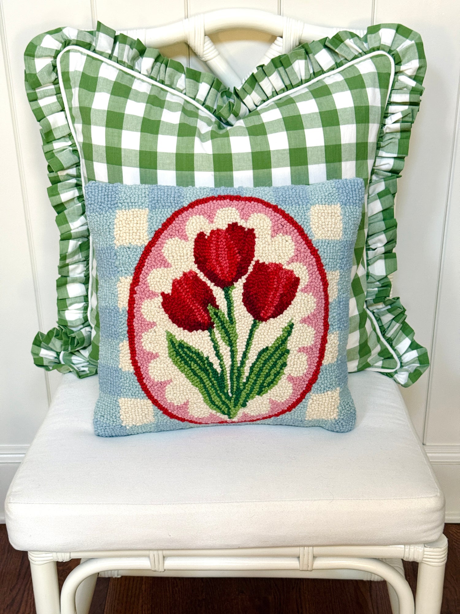 Red tulips and gingham hand hooked pillow