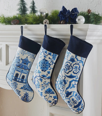 Chinoiserie pagoda blue and white needlepoint stocking