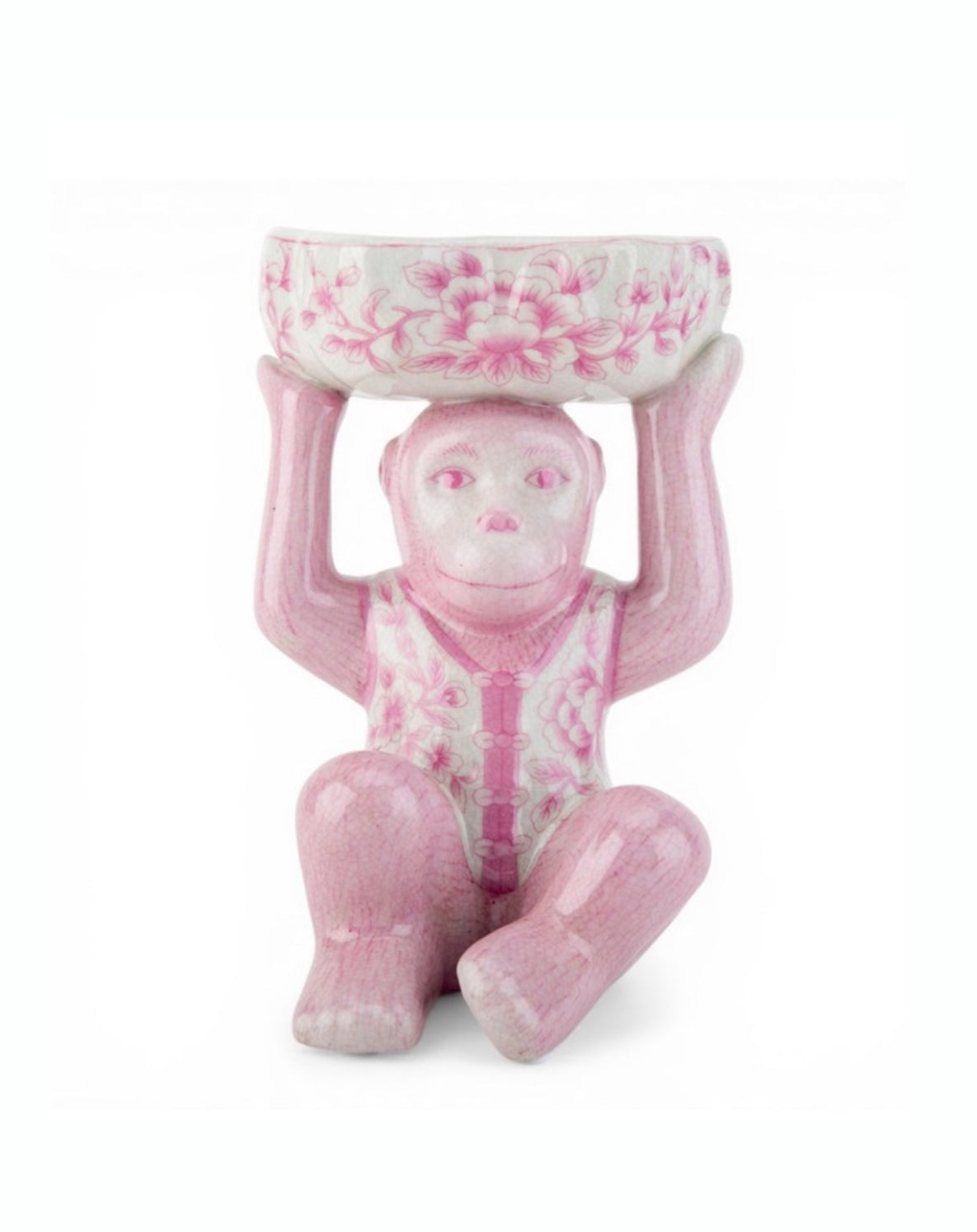 Pink porcelain chinoiserie monkey with lotus bowl
