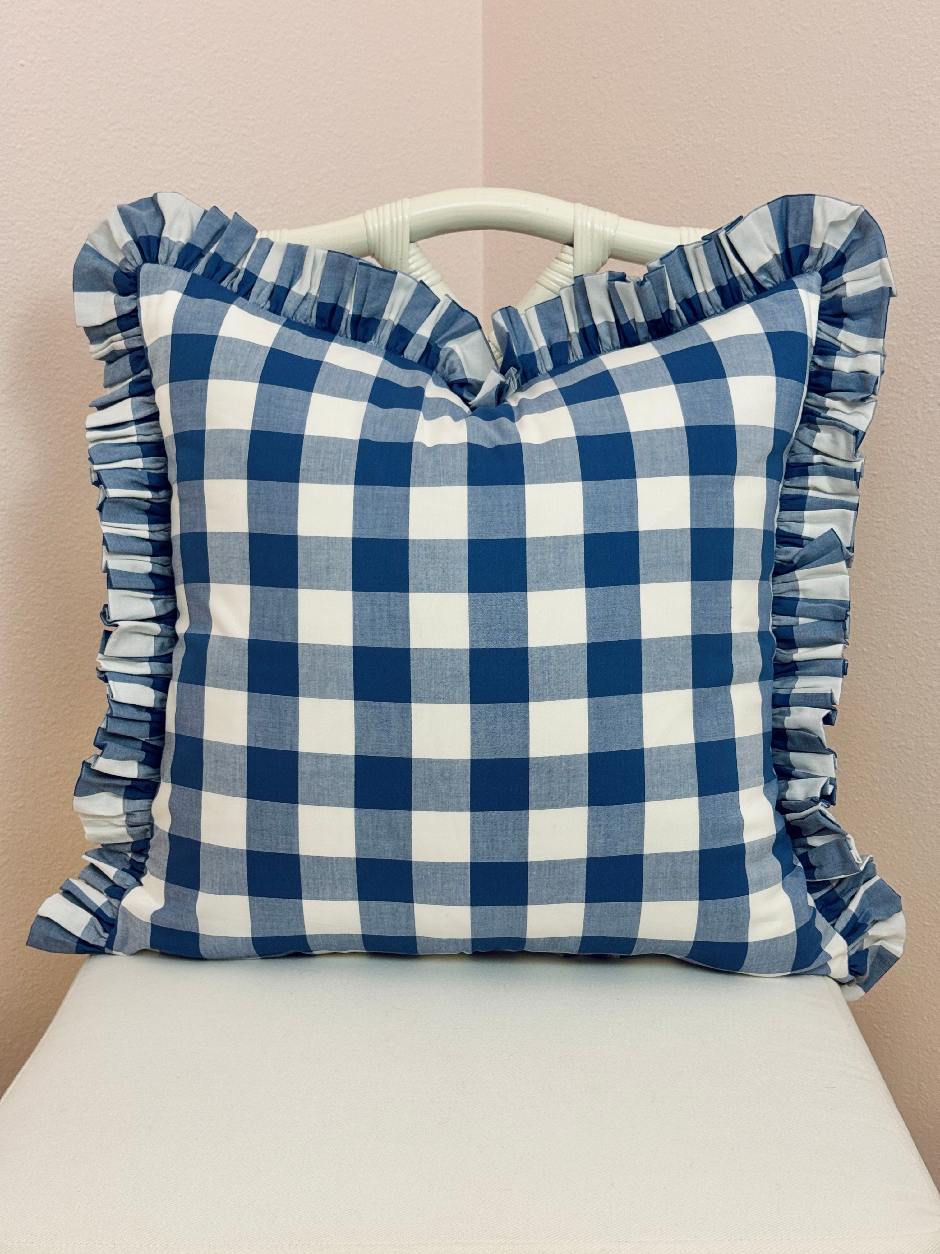 Blue buffalo check ruffle pillow cover