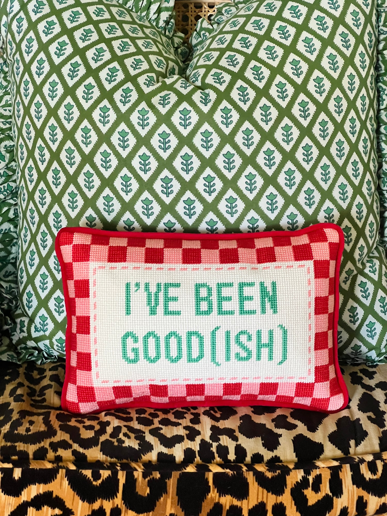 “I’ve been good(ish)” needlepoint pillow