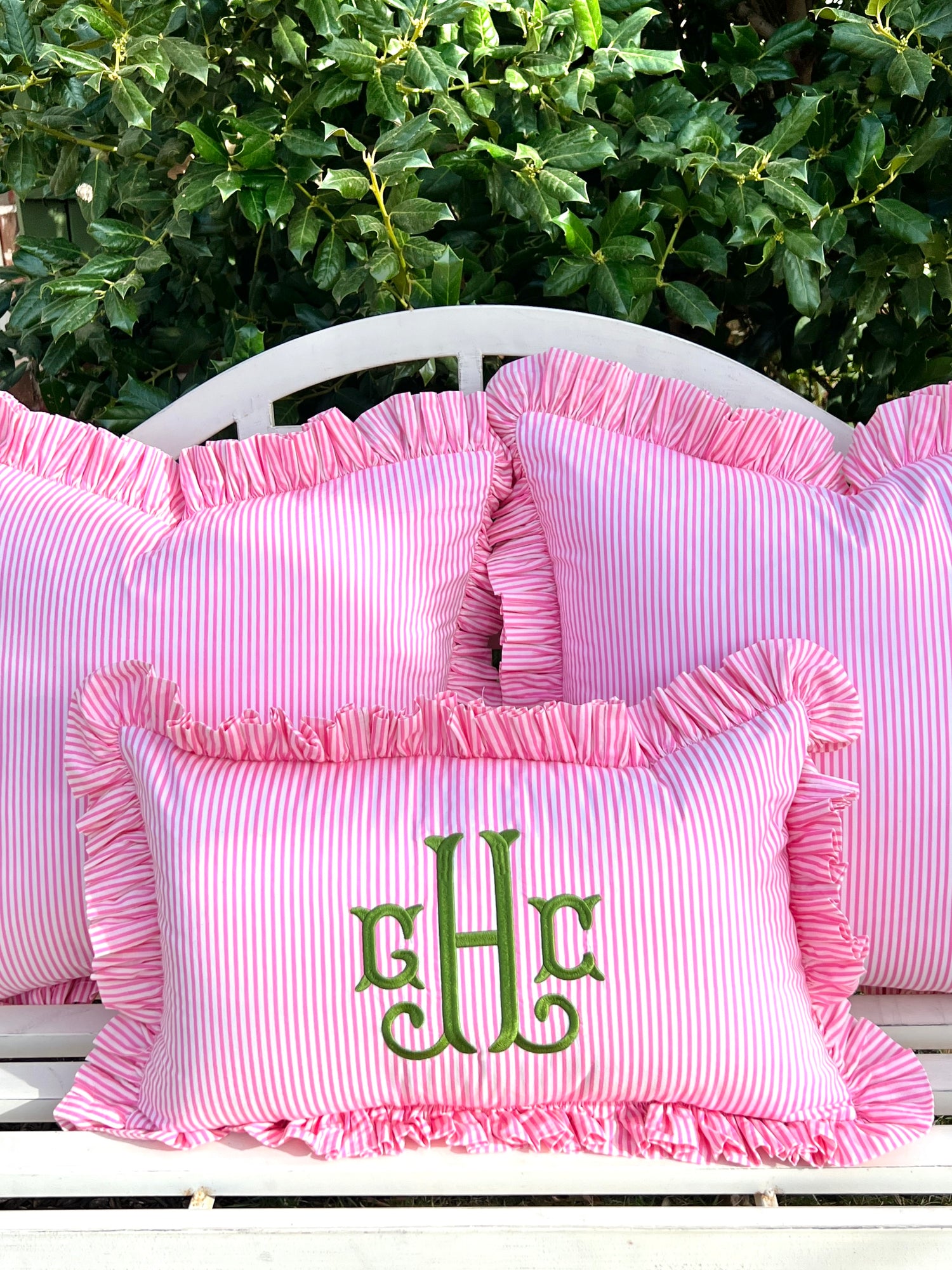 Pink striped ruffle pillow cover