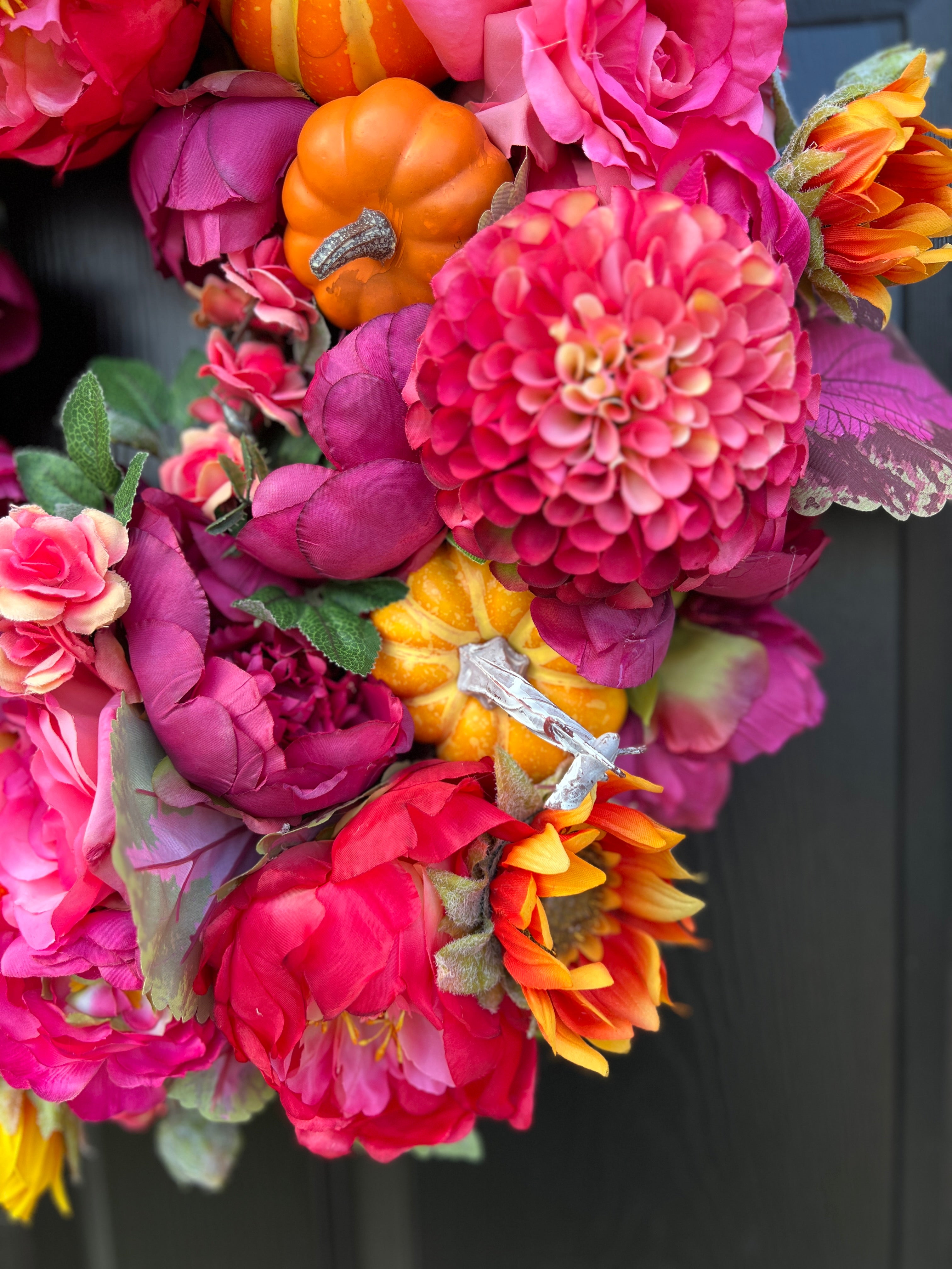 Pink and orange pumpkin Fall floral wreath