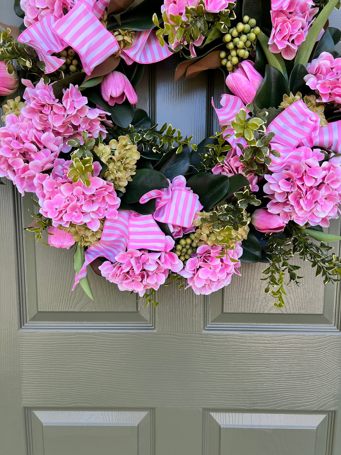 Pink and green hydrangea and tulip wreath with optional pink striped dupioni ribbon