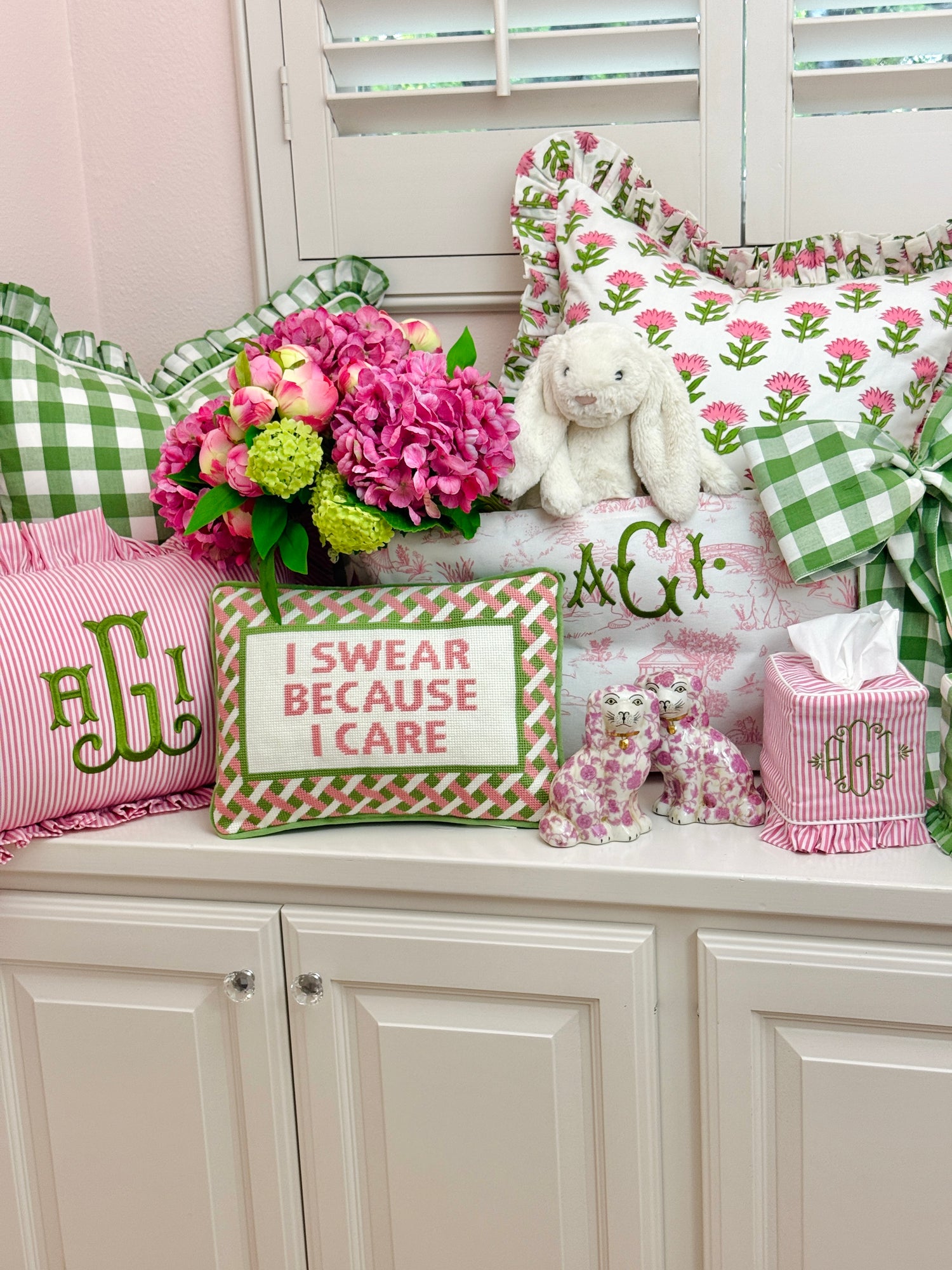 Needlepoint pillow, pink and green “I swear because I care”