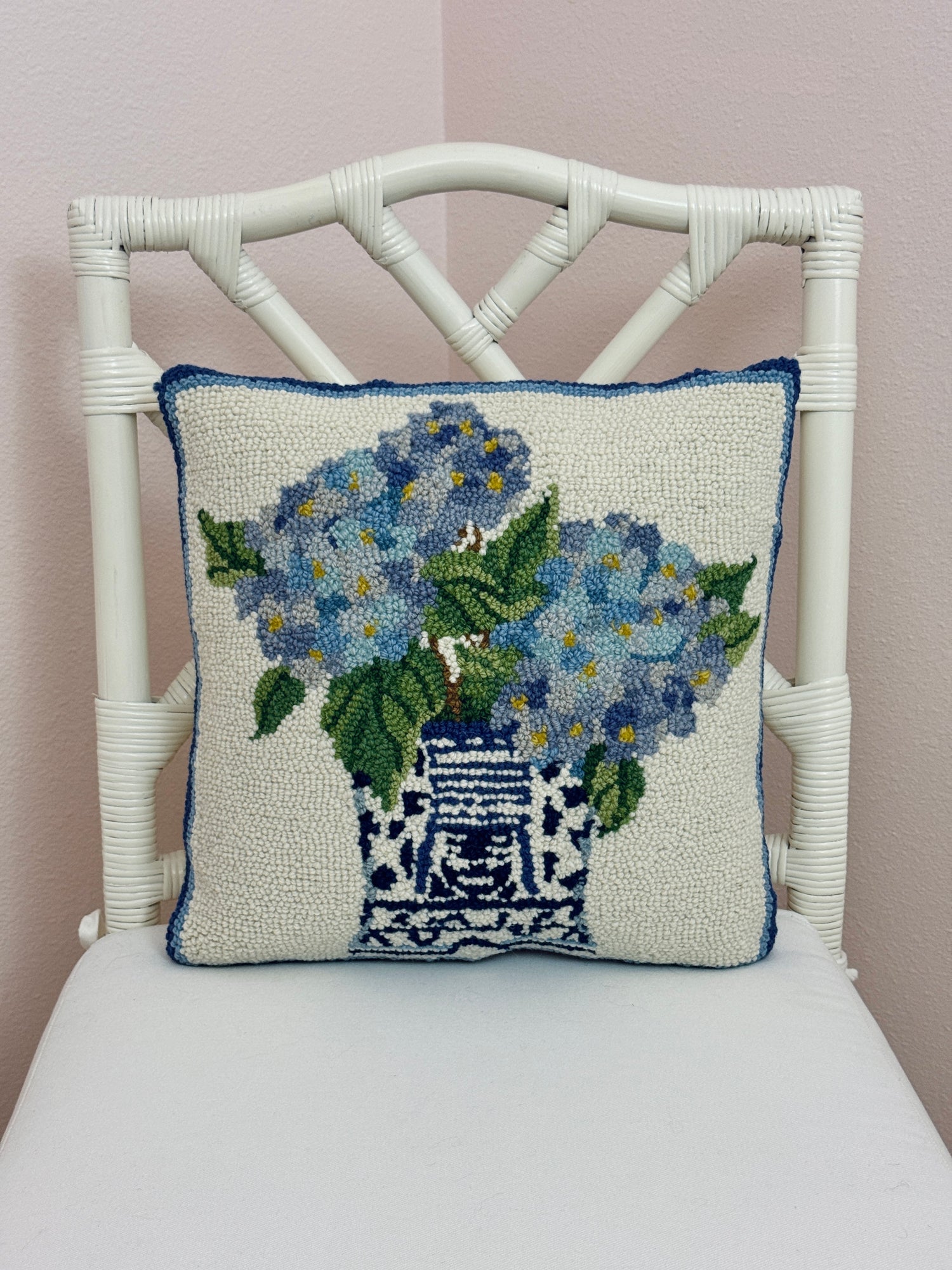 Chinoiserie hydrangeas 2 hand hooked pillow