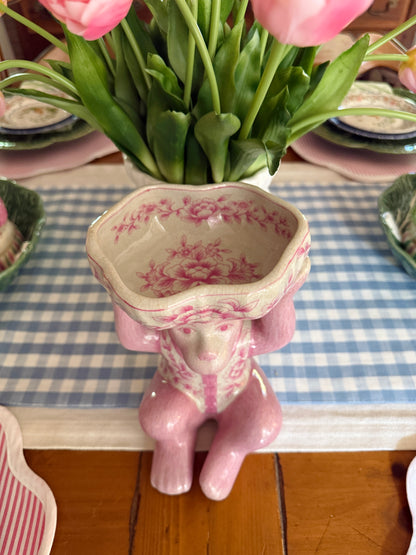 Pink porcelain chinoiserie monkey with lotus bowl