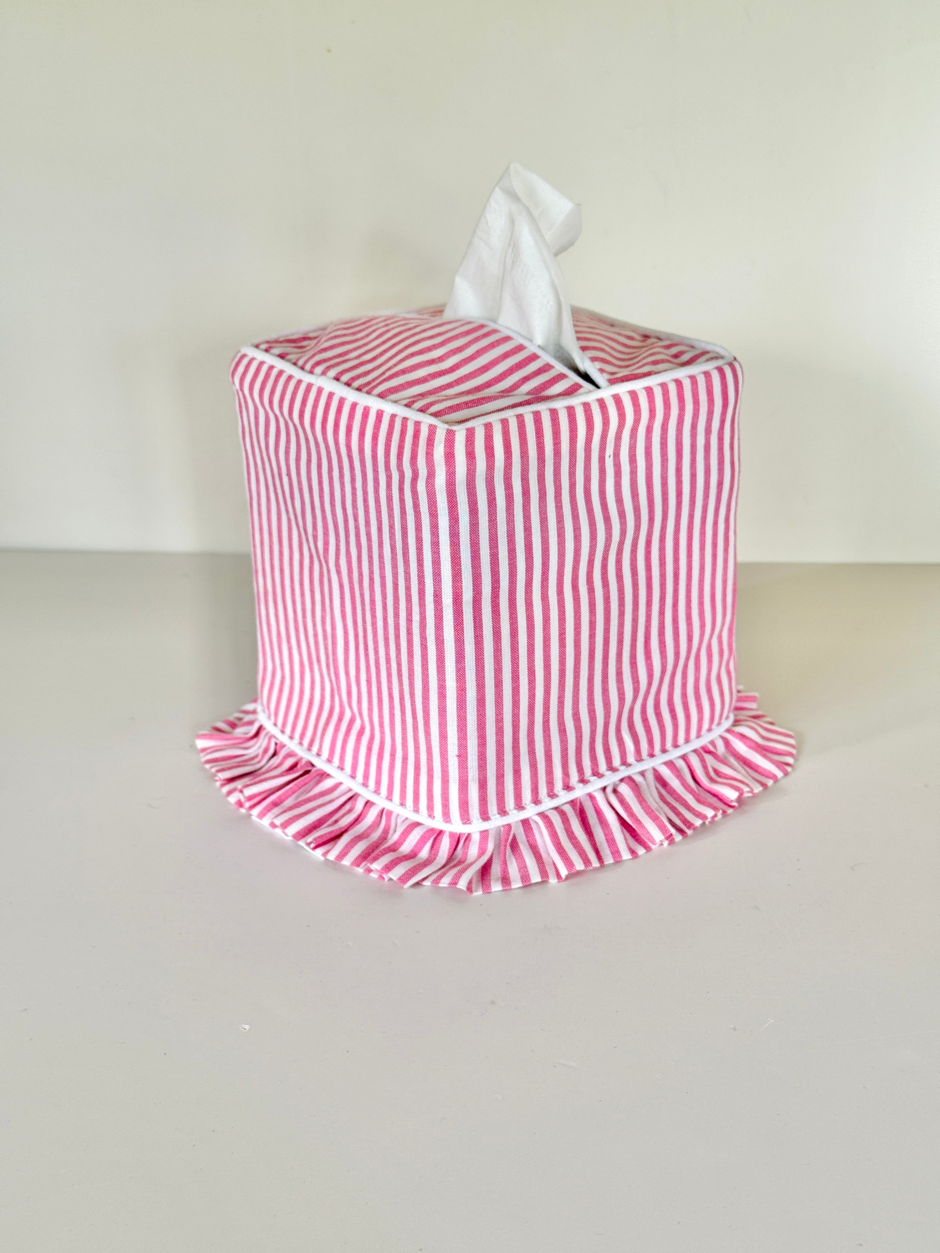 Pink and white stripe ruffle tissue cover, custom monogram available