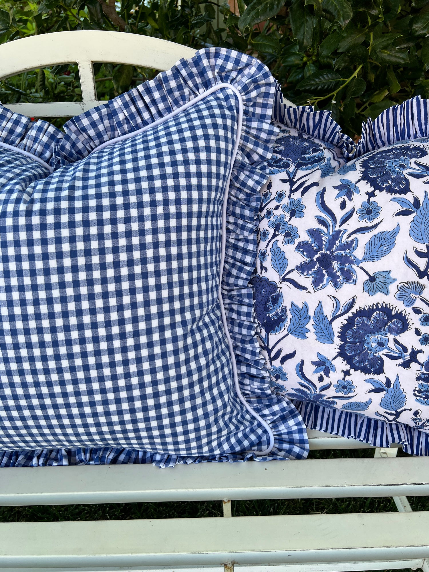 Blue and white block print floral ruffle pillow cover