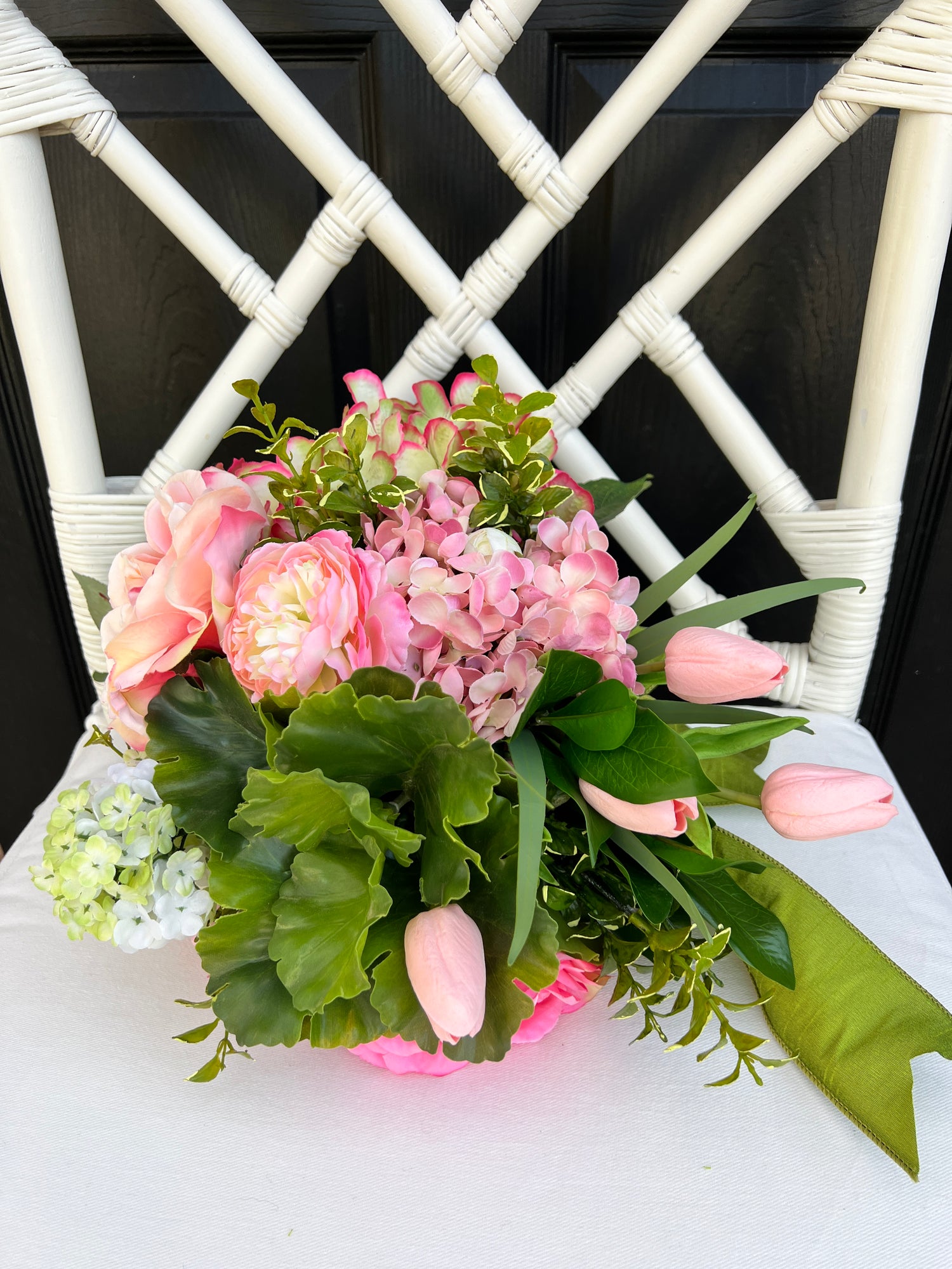 Faux flower drop-in bouquet arrangement, pink and green