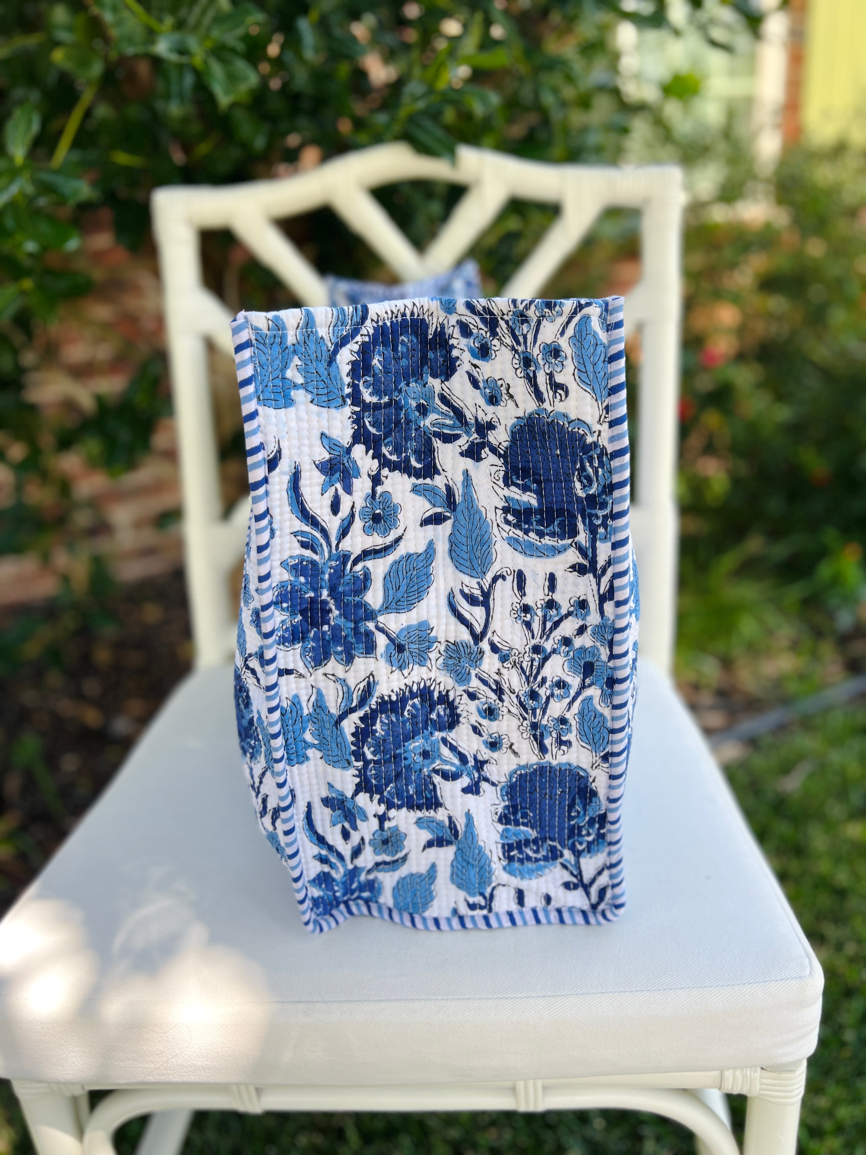 Blue and white quilted block print tote bag monogram available