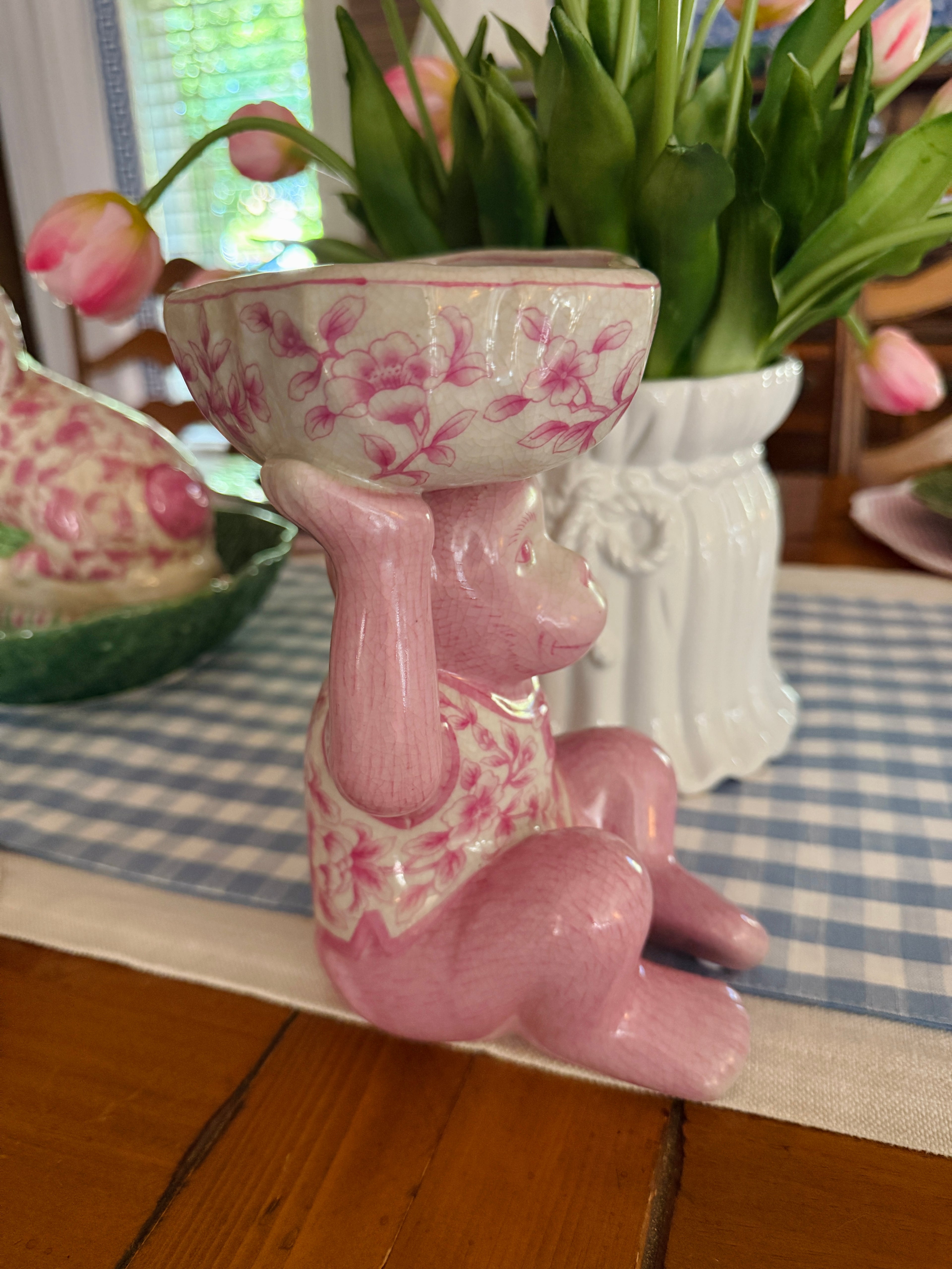 Pink porcelain chinoiserie monkey with lotus bowl