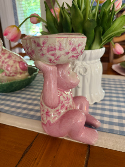 Pink porcelain chinoiserie monkey with lotus bowl